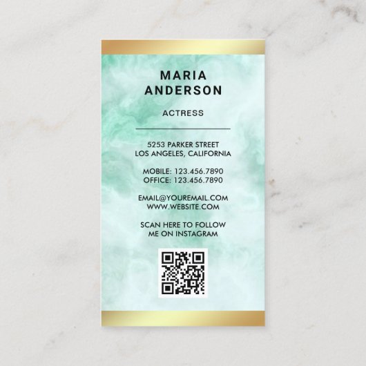 Groen marmer Gold Model Actress QR Code Foto Visitekaartje (Achterkant)