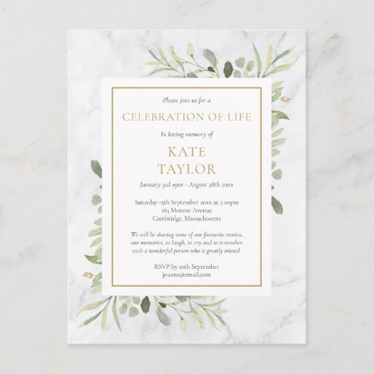 Groen Marmer Viering van het Leven Funeral Aankondigingskaart (Voorkant)
