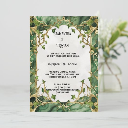 Groen Marmer Waterverf Ivy Trim Elegante Bruiloft Kaart (Staand voorkant)