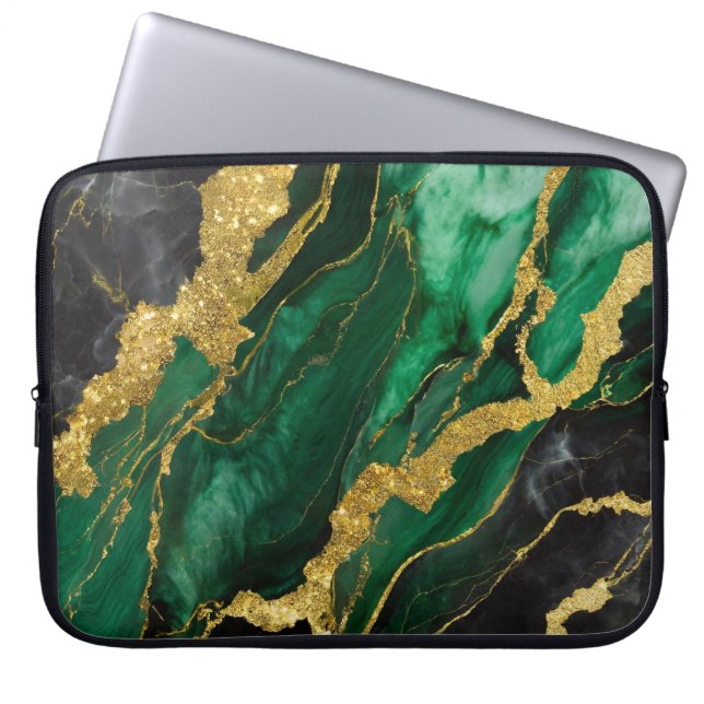 Groen marmeren patroon met goud laptop sleeve (Voorkant)