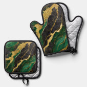 Groen marmeren patroon met goud ovenwant & pannenlap set (Voorkant / Achterkant)