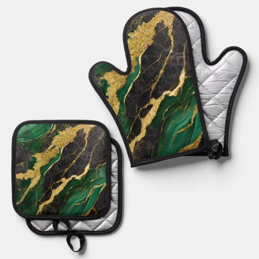 Groen marmeren patroon met goud ovenwant & pannenlap set (Voorkant / Achterkant)