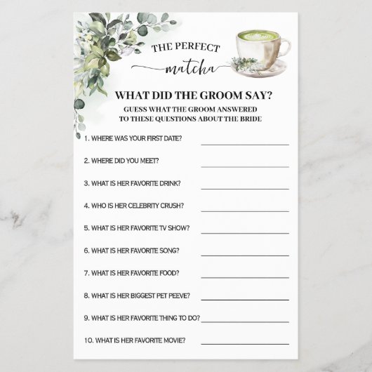 Groen Matcha Wat Zegt de Bruidegom Douche Spelkaar Flyer (Voorkant)