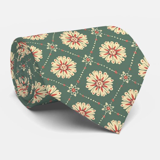 Groen met beige bloemenpatroon stropdas (Opgerold)