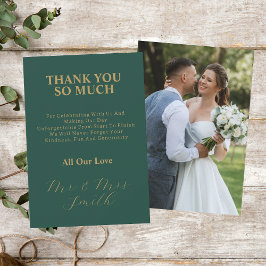 Groen met Goud Elegant Script Wedding Photo Bedankkaart