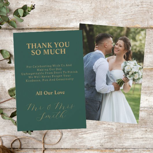 Groen met Goud Elegant Script Wedding Photo Bedankkaart