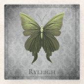 Groen met juwelen versierde vlinder glazen onderzetter (Voorkant)