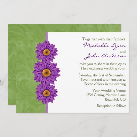 Groen met paarse bloemen bruiloft uitnodiging (Voorkant / Achterkant)