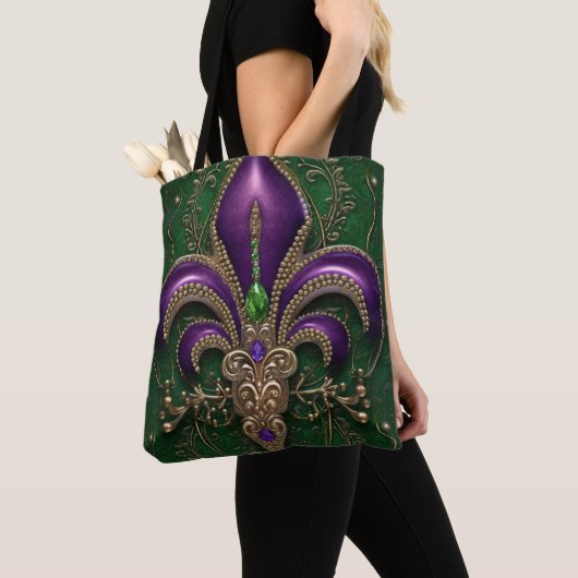 GROEN MET PAARSE MARDI GRAS FLEUR DI LIS TOTE BAG (Dichtbij)