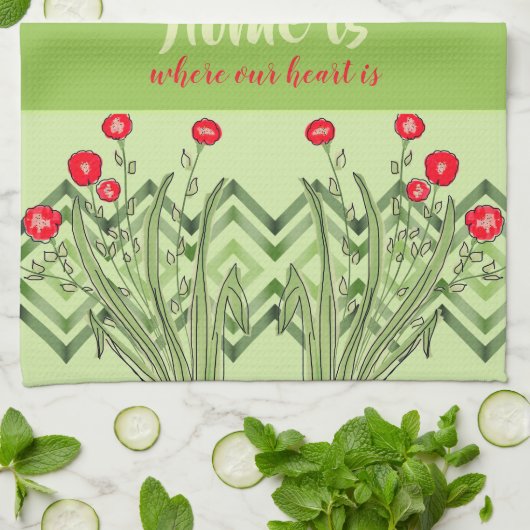 Groen met rode bloemen theedoek (Gevouwen)