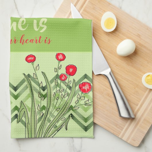 Groen met rode bloemen theedoek (Quarter Fold)