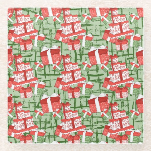 GROEN MET RODE & WITTE KERSTCADEAUS GLAZEN ONDERZETTER (Voorkant)