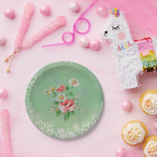  groen met roze behangselpapier borden papieren bordje (Feest)