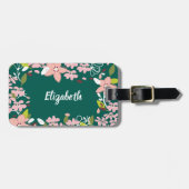 Groen met roze bloemen gepersonaliseerd bagagelabel (Voorkant horizontaal)