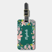 Groen met roze bloemen gepersonaliseerd bagagelabel (Voorkant verticaal)