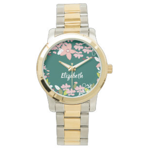 Groen met roze bloemen gepersonaliseerd horloge