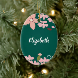Groen met roze bloemen gepersonaliseerd keramisch ornament