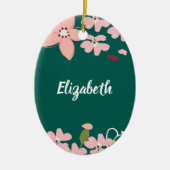 Groen met roze bloemen gepersonaliseerd keramisch ornament (Voorkant)