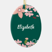 Groen met roze bloemen gepersonaliseerd keramisch ornament (Achterkant)