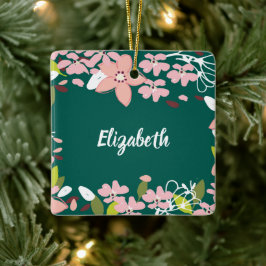 Groen met roze bloemen gepersonaliseerd keramisch ornament