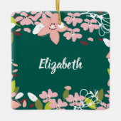 Groen met roze bloemen gepersonaliseerd keramisch ornament (Voorkant)