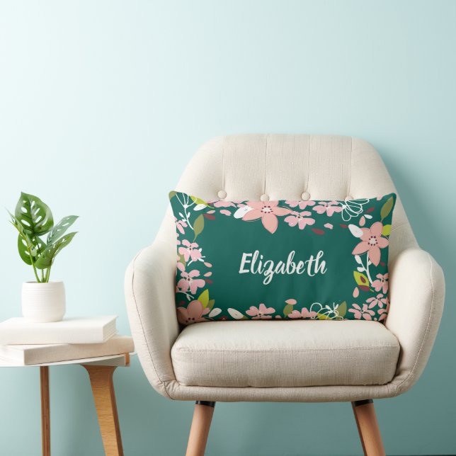 Groen met roze bloemen gepersonaliseerd kussen (Stoel)