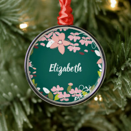 Groen met roze bloemen gepersonaliseerd metalen ornament