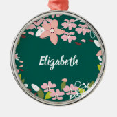 Groen met roze bloemen gepersonaliseerd metalen ornament (Voorkant)