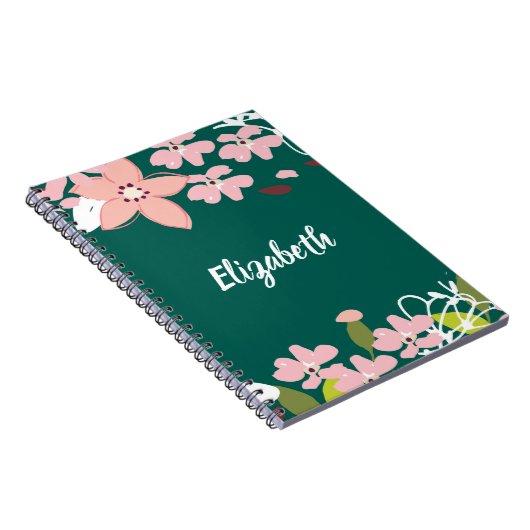 Groen met roze bloemen gepersonaliseerd notitieboek (Rechterzijde)