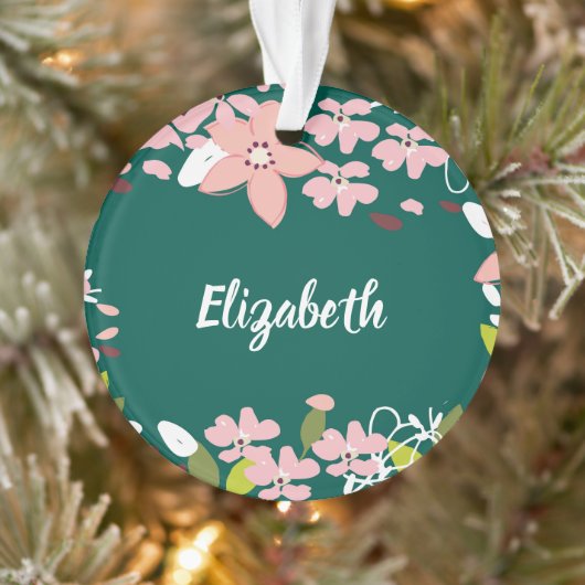 Groen met roze bloemen gepersonaliseerd ornament (Boom)