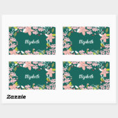 Groen met roze bloemen gepersonaliseerd rechthoekige sticker (Vel)