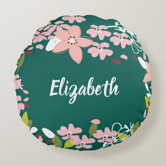 Groen met roze bloemen gepersonaliseerd rond kussen (Voorkant)