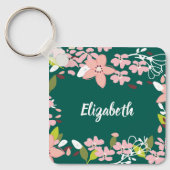 Groen met roze bloemen gepersonaliseerd sleutelhanger (Voorkant)