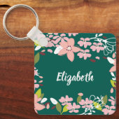 Groen met roze bloemen gepersonaliseerd sleutelhanger (Voorkant)