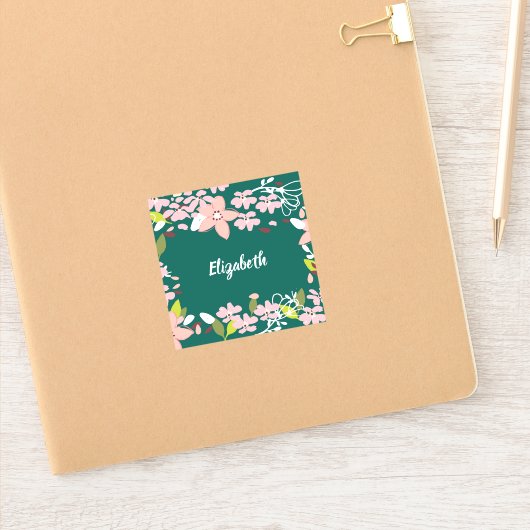Groen met roze bloemen gepersonaliseerd sticker (Notitieboek)