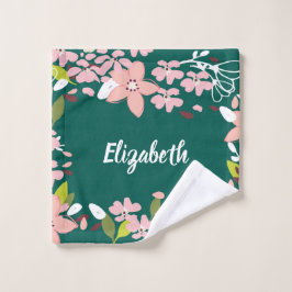 Groen met roze bloemen gepersonaliseerd washandje