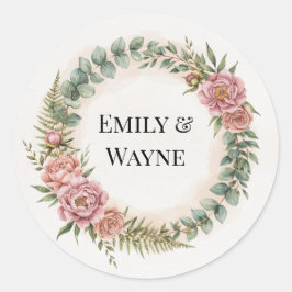Groen Met Roze Bloemen Romantische Bruiloft Ronde Sticker