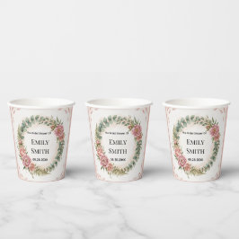 Groen Met Roze Bloemen Romantische Bruiloftsborrel Papieren Bekers