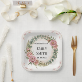 Groen Met Roze Bloemen Romantische Bruiloftsborrel Papieren Bordje