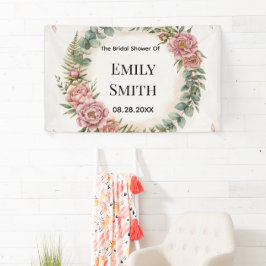 Groen Met Roze Bloemen Romantische Bruiloftsborrel Spandoek