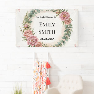 Groen Met Roze Bloemen Romantische Bruiloftsborrel Spandoek