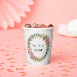 Groen Met Roze Bloemen Romantische Trouwdag Papieren Bekers