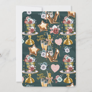 Groen met roze bloemen, taart, gelukkige verjaarda kaart