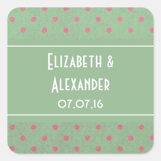 Groen met roze poka Dots Wedding Favor Vierkante Sticker (Voorkant)