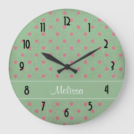  groen met roze poladots patroon grote klok (Voorkant)