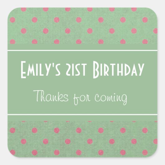 Groen met Roze Polka Dots Birthday Dank je Vierkante Sticker (Voorkant)