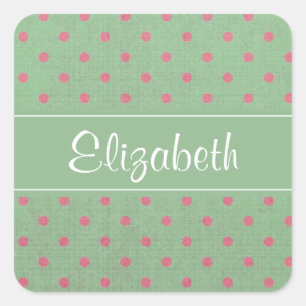 Groen met Roze Polka Dots gepersonaliseerd Vierkante Sticker