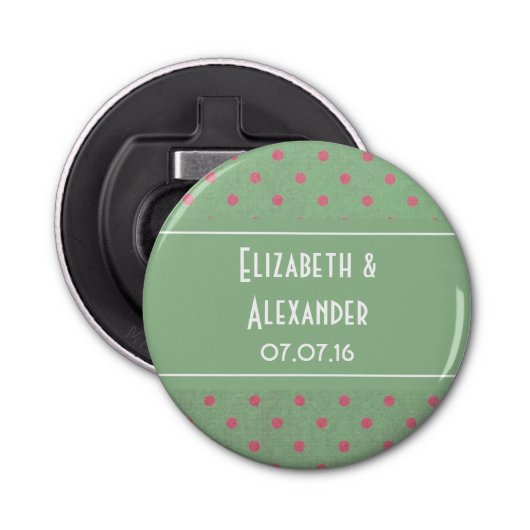  Groen met Roze Polka Dots Weddenschap Button Flesopener (Voorkant)