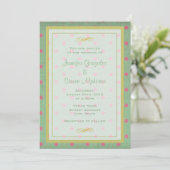 Groen met roze polka stippen bruiloft kaart (Staand voorkant)