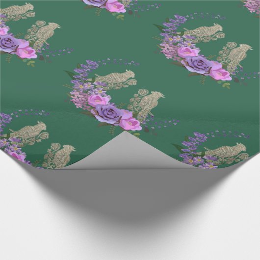 Groen met vogels en bloemen Inpakpapier (Hoek)